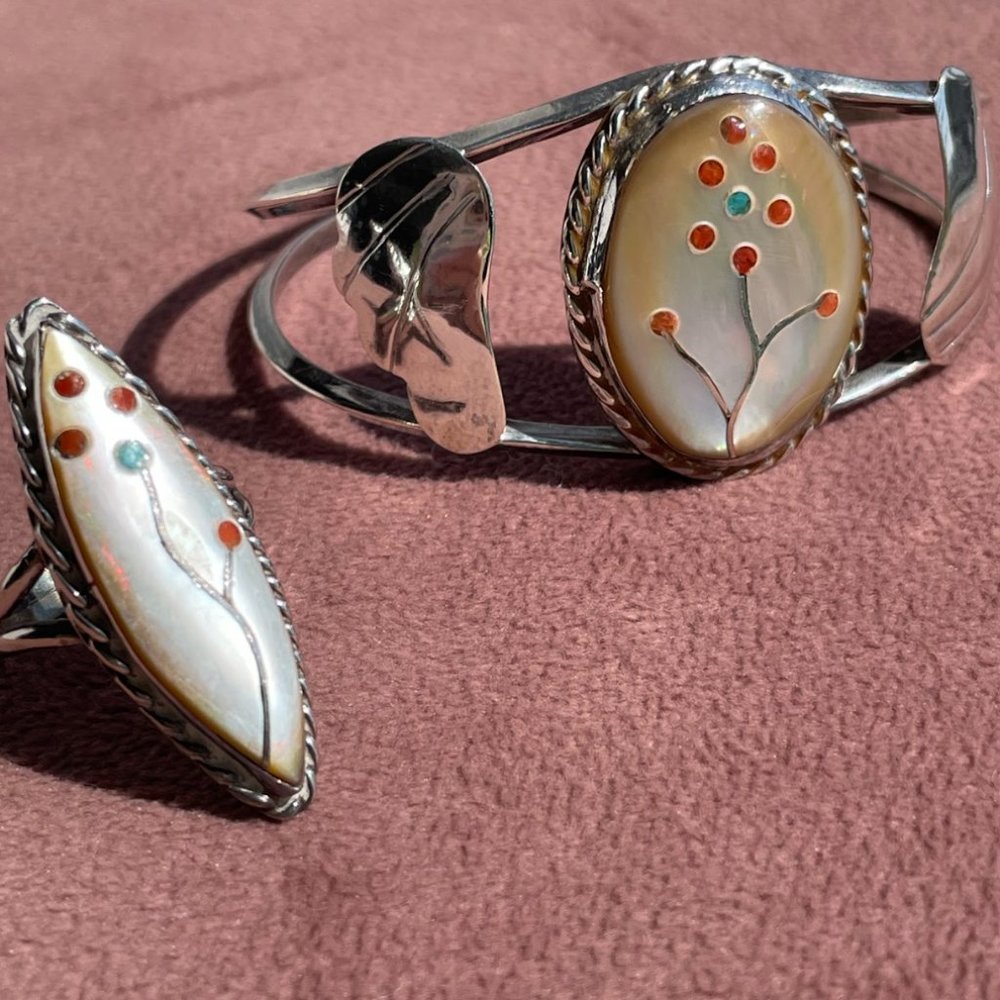 Beautiful 1960’s Native American Sterling Silver Inlay Cuff Bracelet & Ring Set